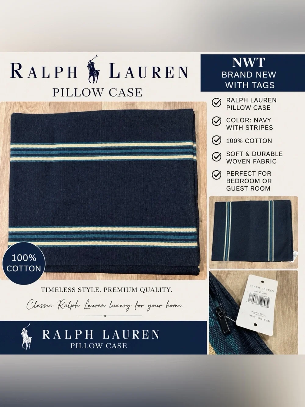 Ralph Lauren Navy Striped Pillow Case NWT 22x22 Designer Home Decor